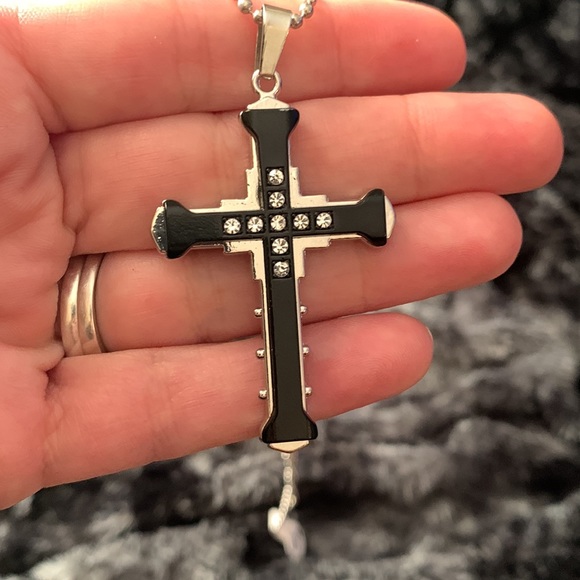 Black Layered CZ Cross Necklace - Picture 2 of 9